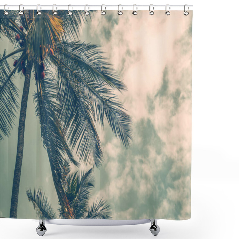 Personality  Grunge Style Photo Of A Palm Tree Over Cloudy Sky Background, Overcast Weather On The Tropical Island, Summer Vacation On Exotic Resor Shower Curtains