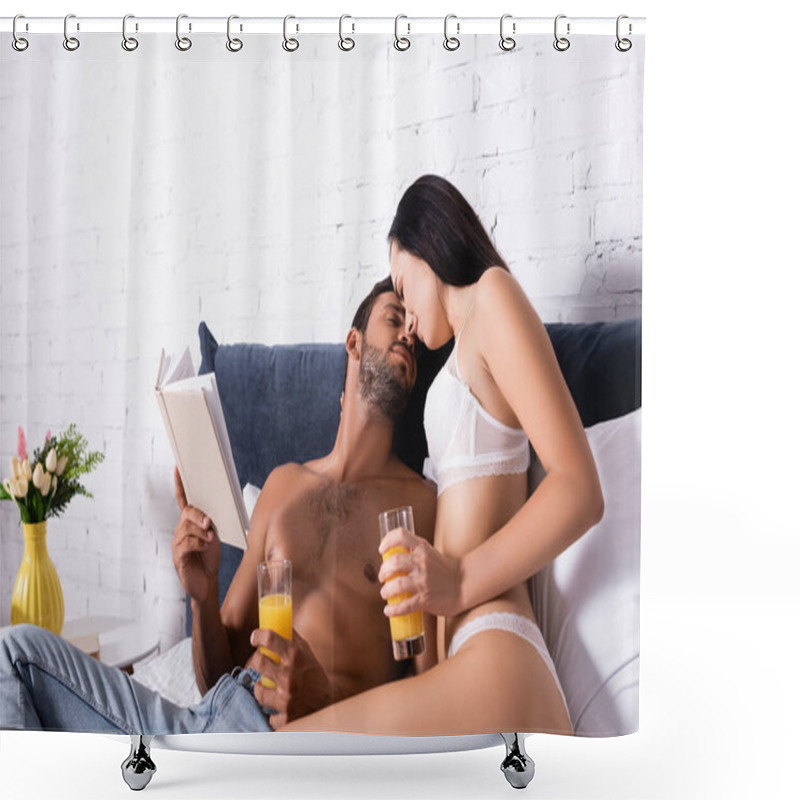 Personality  Smiling Shirtless Man With Glass Of Juice And Book Near Woman In Underwear On Bed Shower Curtains