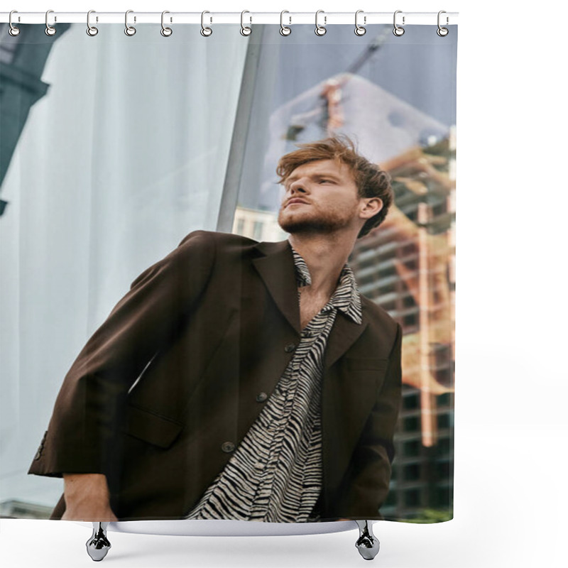 Personality  A Stylish Red-haired Man Standing In Front Of A Towering Building In The City. Shower Curtains