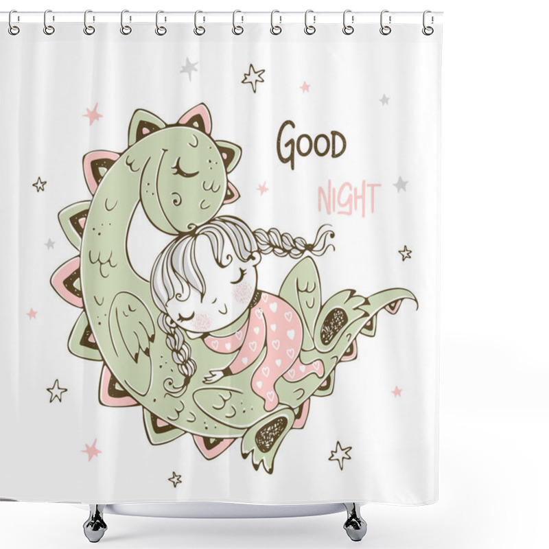 Personality  Cute Girl Sleeping With Her Pet Dinosaur. Cheerful Picture. Vector. Shower Curtains