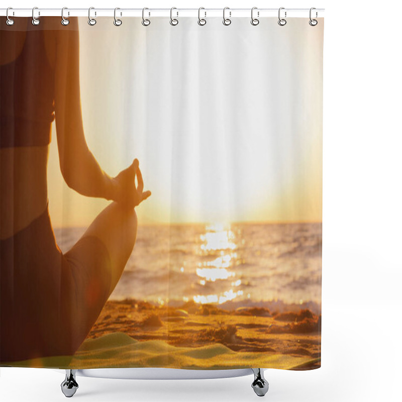 Personality  Close Up Of Womans Hand Practicing Yoga, Meditation In Lotus Position On The Beach, Feeling So Comfortable And Relaxing On Vacation With Golden Light, Healthy Concept. Shower Curtains