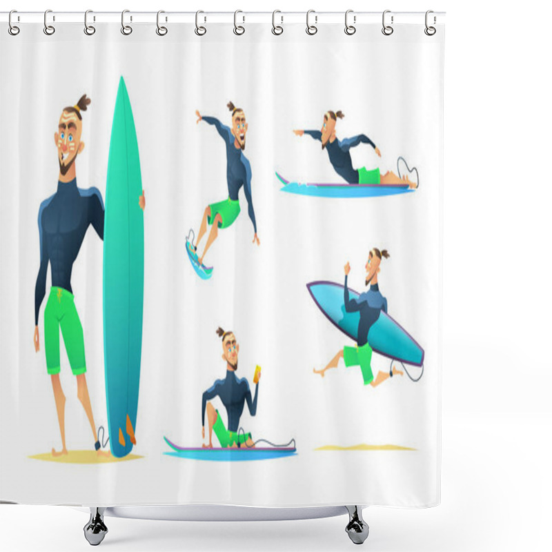 Personality  Surfer In Different Dynamic Poses, Standing, Running, Floating, Surfing. Cartoon Character Design, Vector Illustration Shower Curtains