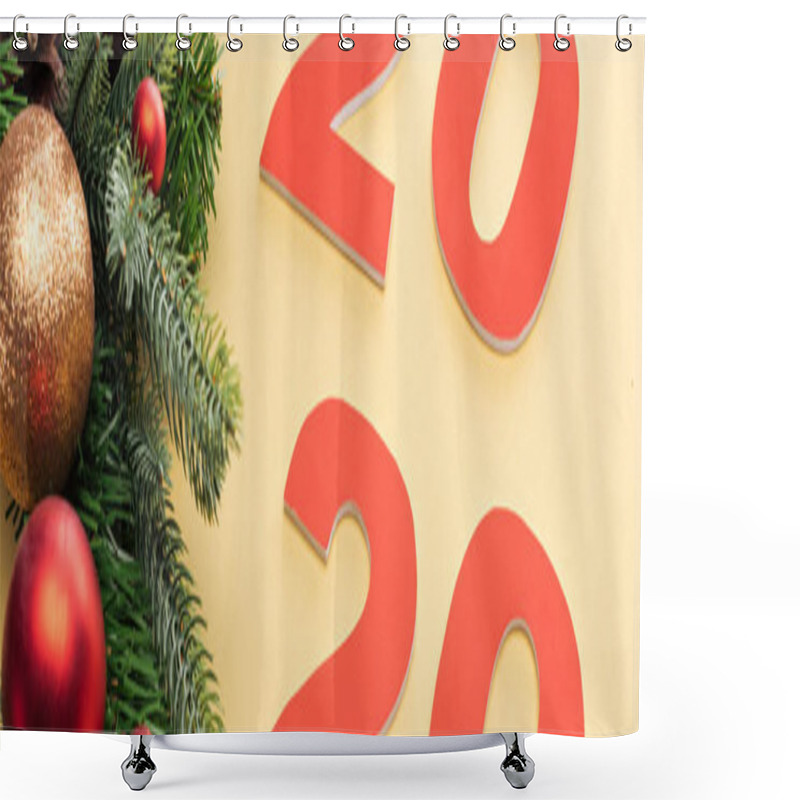 Personality  Panoramic Shot Of Paper 2020 Numbers Near Christmas Tree Branch With Baubles On Yellow Background Shower Curtains