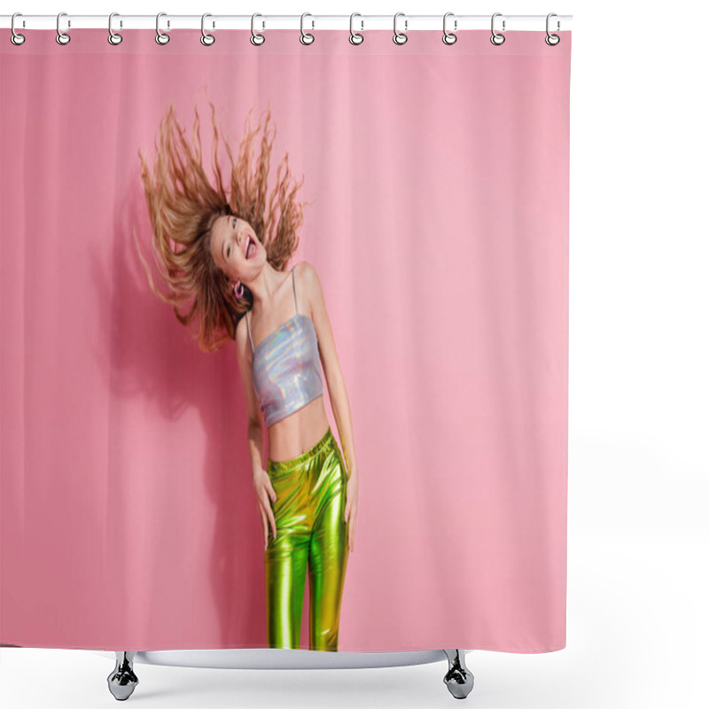 Personality  A Young Woman With Flowing Hair And A Trendy Outfit Poses Joyfully Against A Pink Background, Exuding Energy And Contemporary Fashion Vibes. Shower Curtains