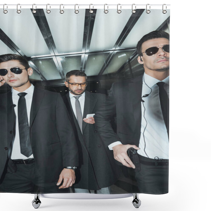 Personality  Businessman Looking At Smartphone While Standing With Bodyguards In Elevator  Shower Curtains