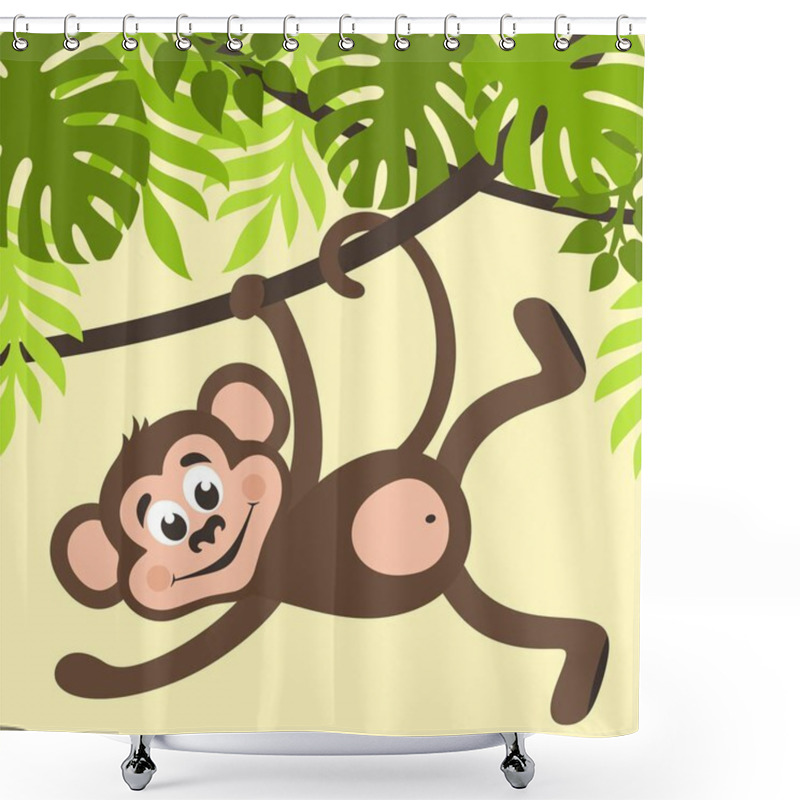 Personality  Monkey Is Hanging On A Creeper. Green Palm Leaves On A Yellow Background. Cartoon Character For Kids. Vector Illustration. Shower Curtains