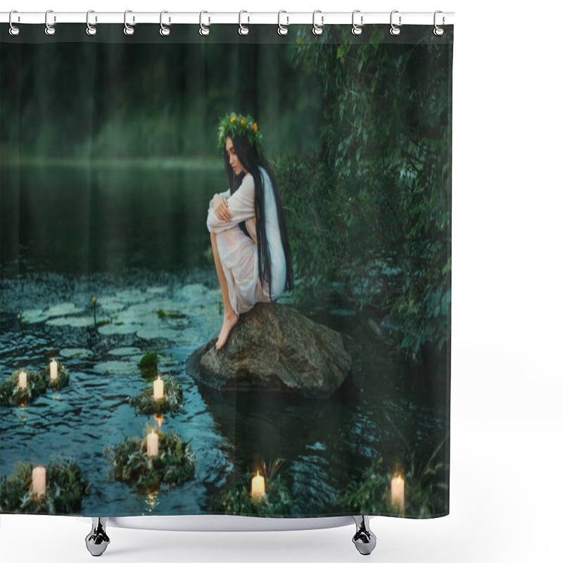 Personality  Slavic Girl Sits On Stone On Shore Lake. Nymph Fantasy Woman Hugs Knees. Long Black Hair. Wreaths Of Grass, Flowers Float On Water. Candles Burning. River Dusk Forest Green Tree. Riutal Of Divination Shower Curtains