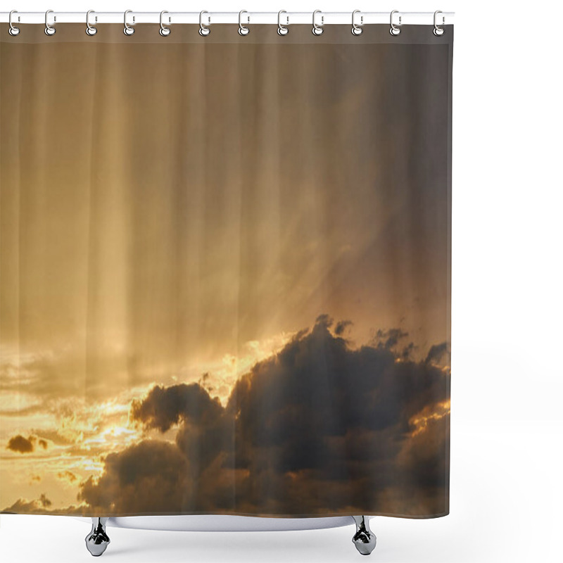 Personality  Dramatic Sky With Sun Rays Breaking Through Clouds During Dusk, Casting A Soft Light And Creating A Serene, Atmospheric View. The Light Gradients Beautifully Highlight The Cloud Formations. Shower Curtains