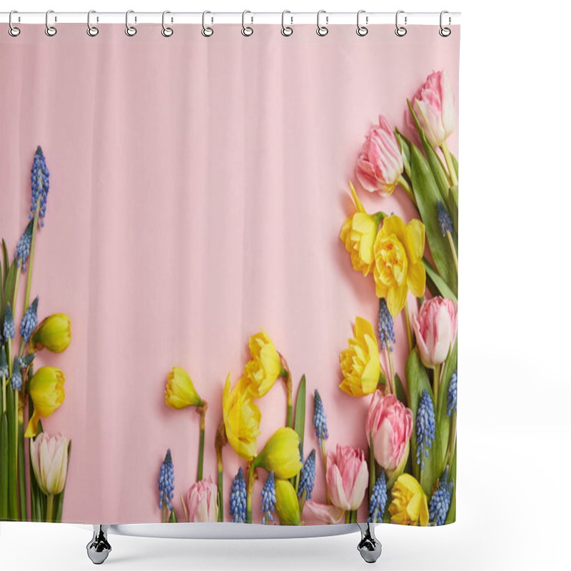 Personality  Top View Of Fresh Pink Tulips, Blue Hyacinths And Yellow Daffodils On Pink Background Shower Curtains