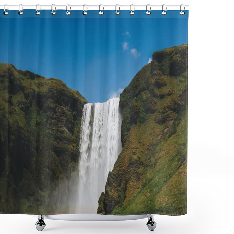 Personality  Scenic View Of Waterfall Skogafoss Against Bright Blue Sky In Iceland Shower Curtains