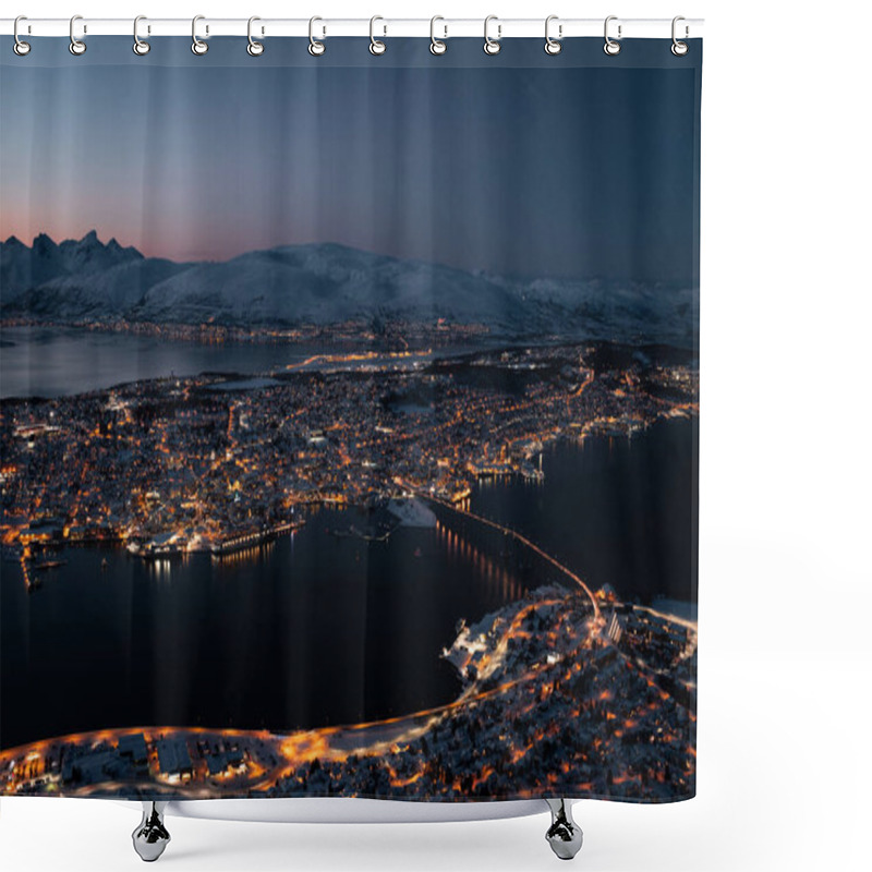 Personality  Tromso Norway Cityscape Glowing At Night. Bird's Eye View Aerial.  Shower Curtains