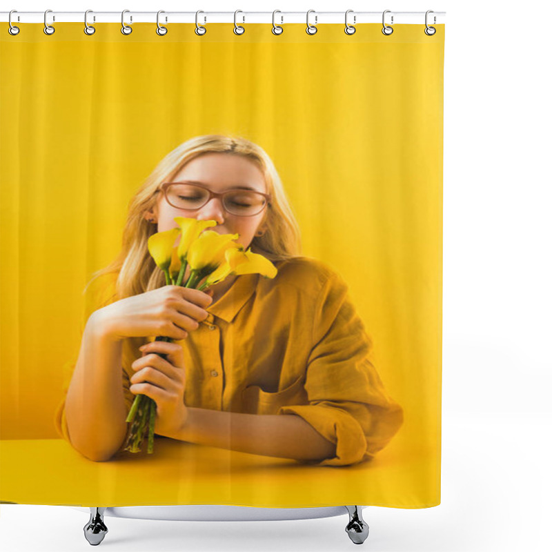 Personality  Girl Holding Beautiful Yellow Calla Lily Flowers On Yellow Shower Curtains