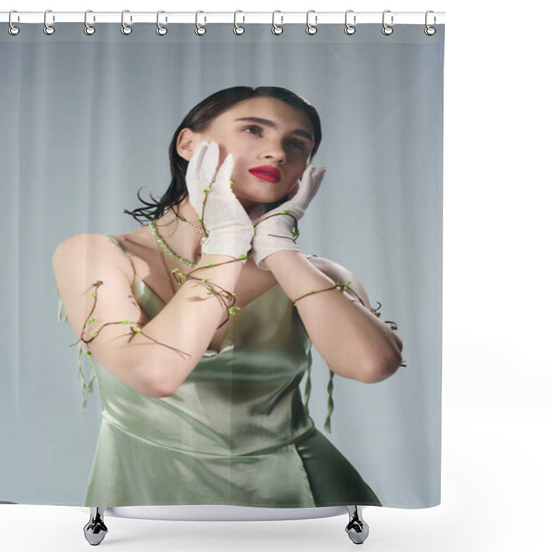 Personality  A Young Woman With Red Lips Strikes A Pose In A Green Dress And White Gloves In A Studio Setting, Exuding An Enchanting Presence. Shower Curtains