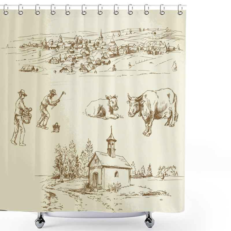 Personality  Rural Village, Agriculture - Hand Drawn Illustration Shower Curtains