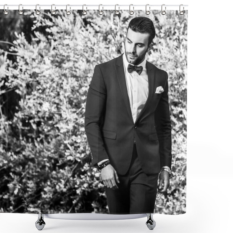 Personality  Black-white Outdoor Portrait Of Elegant Handsome Man In Classical Suit. Shower Curtains