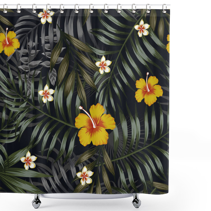 Personality  Night Tropical Jungle Seamless Pattern Leaves And Flowers Yellow Hibiscus, White Plumeria Black Background Shower Curtains