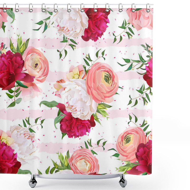 Personality  Burgundy Red And White Peonies, Ranunculus, Rose Seamless Vector Shower Curtains