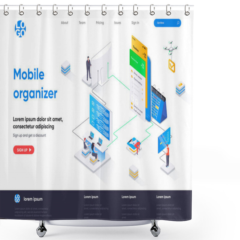 Personality  Mobile Organizer Isometric Landing Page. Mobile Application For Business Planning Isometry Concept. Organizing Work Activities And Tasks Flat Web Page. Vector Illustration With People Characters. Shower Curtains