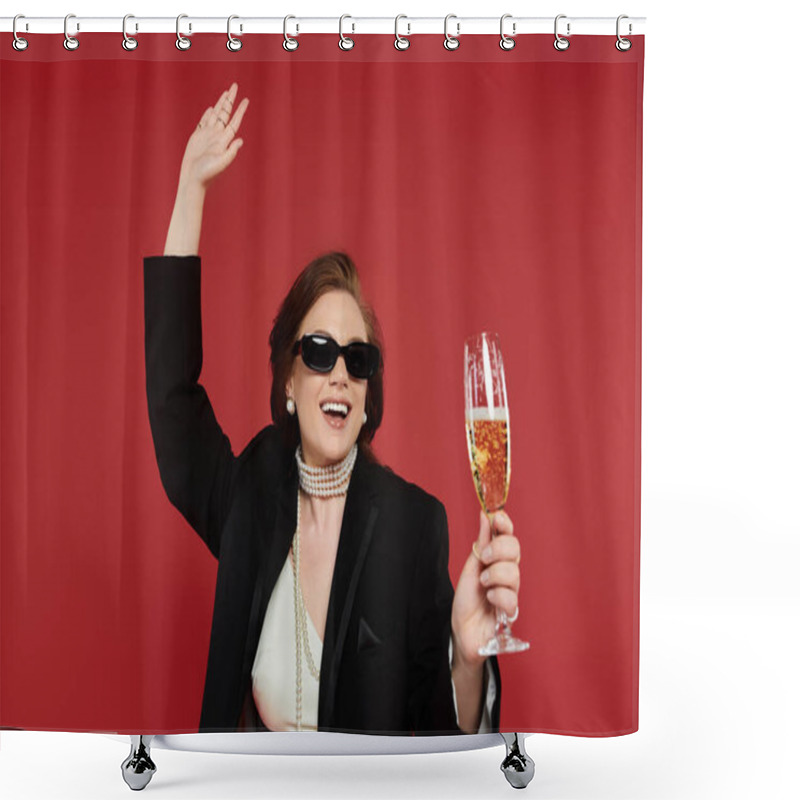 Personality  A Stylish Young Woman Joyfully Raises A Glass Against A Bright Backdrop. Shower Curtains