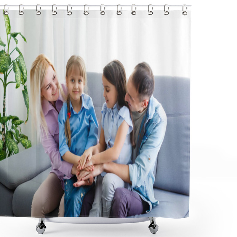 Personality  Cheerful Young Family With Kids Laughing Sitting On Couch Together, Parents With Children Enjoying Entertaining At Home Shower Curtains