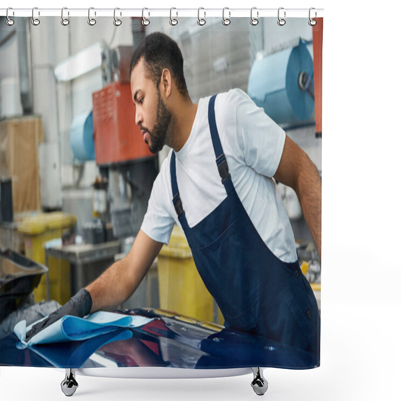 Personality  A Young Mechanic Skillfully Polishes A Car Hood In A Busy Workshop. Shower Curtains