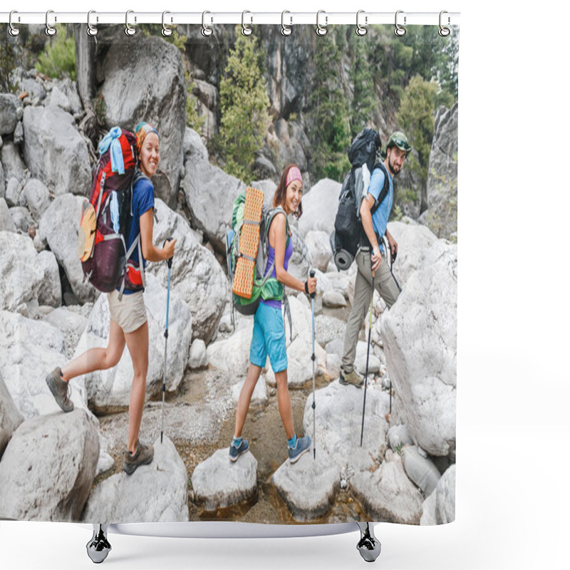 Personality  Group Of Friends Hikers And Travelers Walking At Goynuk Canyon In Turkey, Passing The Stream, Lycian Way Concept Shower Curtains