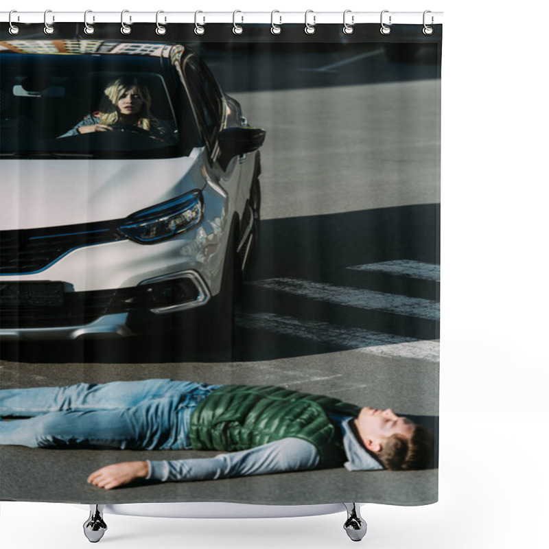 Personality  High Angle View Of Injured Young Man Lying On Road After Car Accident  Shower Curtains