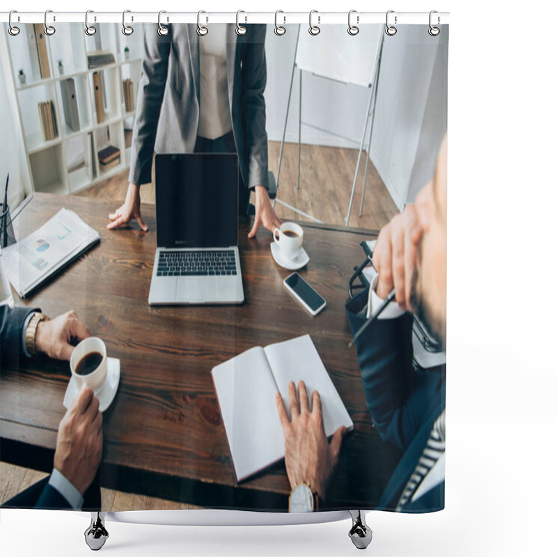 Personality  Businesswoman Standing Near Laptop With Blank Screen And Colleagues With Coffee And Notebook On Blurred Foreground  Shower Curtains