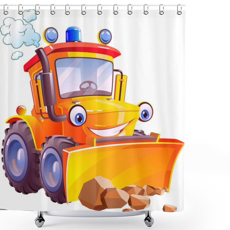 Personality  Cartoon. Funny Tractor, Bulldozer. Isolated On White Background. Shower Curtains