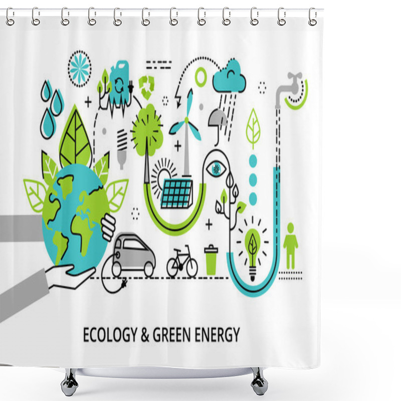 Personality  Modern Flat Thin Line Design Vector Illustration, Infographic Concept Of Ecology Problem, Generation And Saving Green Energy Shower Curtains