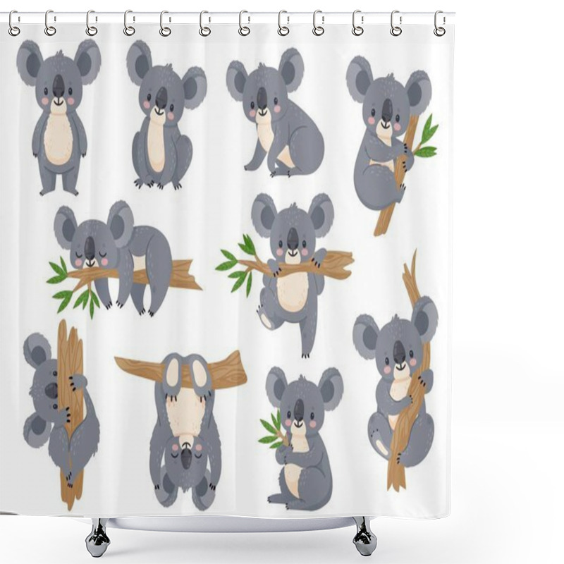 Personality  Cute Cartoon Koala. Lazy Koalas With Eucalyptus. Little Funny Rainforest Animals. Australian Bear Sleeping On Tropical Tree Vector Set Shower Curtains