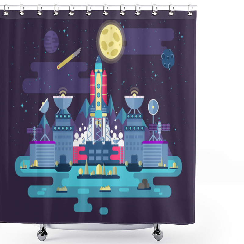 Personality  Illustration The Facade Of The Station Building And Ancillary Facilitieswith Soaring Rocket Into Space For The Expedition  Research On The Background  Open Outer  In Flat Style Shower Curtains