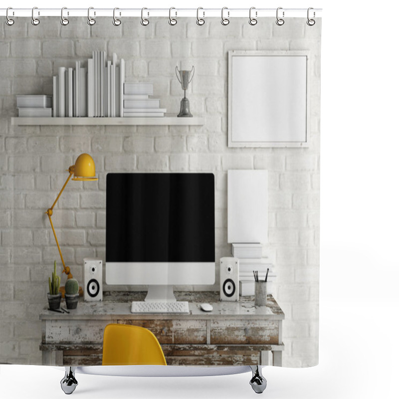 Personality  Mock Up Work Space, Monitor On Table, 3d Illustration Shower Curtains