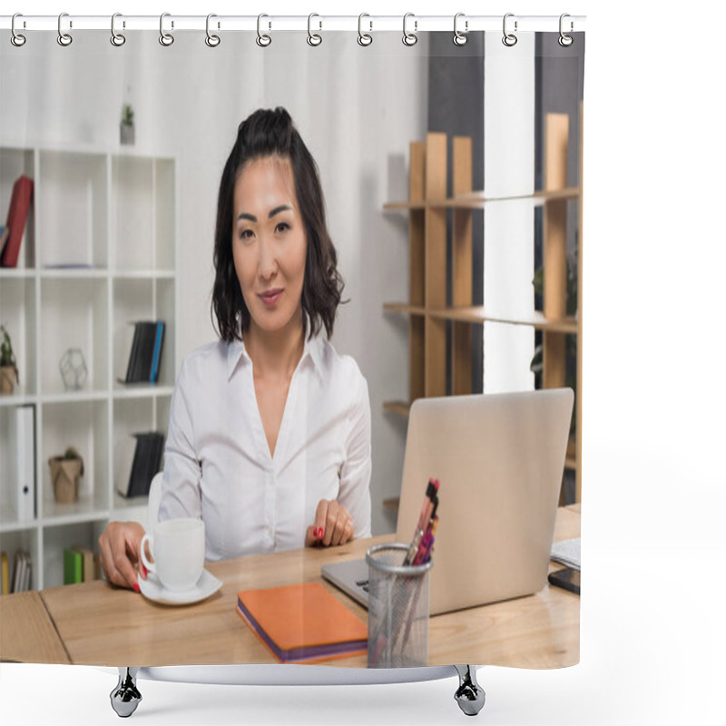 Personality  Businesswoman With Laptop And Coffee  Shower Curtains