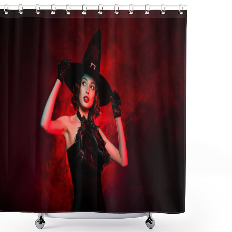 Personality  Photo Of Seduce Creepy Mystic Lady Wear Black Dress Arms Hands Gothic Headwear Isolated Dark Red Smoke Color Background Shower Curtains