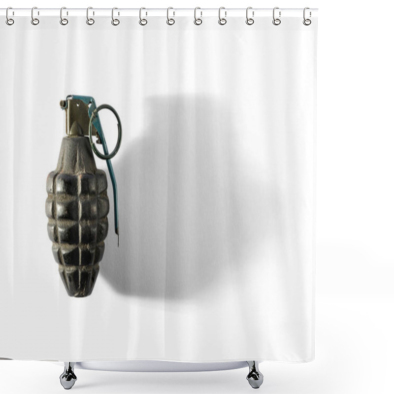 Personality  Top View Of Metal Hand Grenade With Safety Clip Placed On White Background Shower Curtains