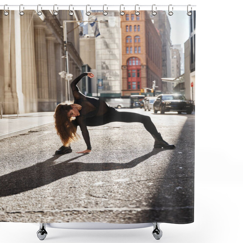 Personality  A Woman Dances Gracefully In A NYC Street, Her Shadow Stretching Long. Shower Curtains