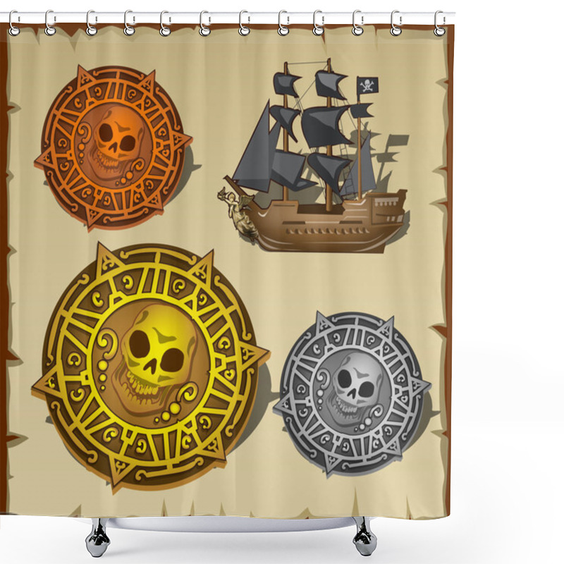 Personality  Symbolic Set Of Pirate Attributes, Seal And Ship Shower Curtains