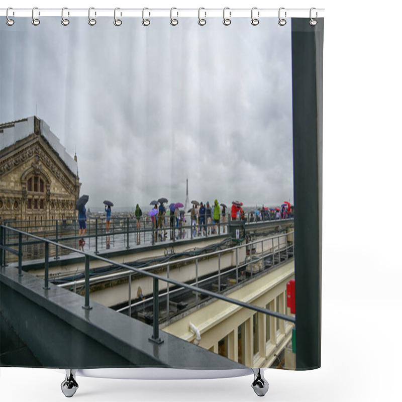 Personality  Paris, France, June 2022. The Panoramic Terrace Of Galeries Lafayette On A Rainy Day: Tourists Do Not Give Up Enjoying The Particular Point Of View Over The City. The Eiffel Tower Is Recognizable. Shower Curtains