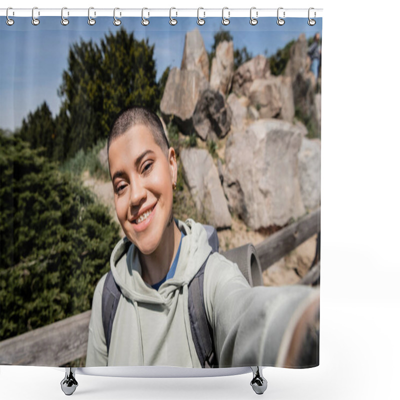 Personality  Portrait Of Cheerful Tattooed And Short Haired Female Tourist With Backpack Looking At Camera While Standing With Blurred Scenic Landscape At Background, Exploring New Horizons, Summer Shower Curtains