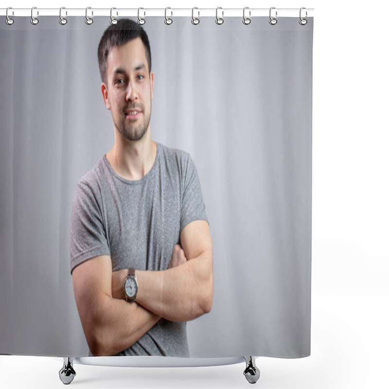 Personality  Portrait Of A Young Strong Man With Crossed Arms Shower Curtains