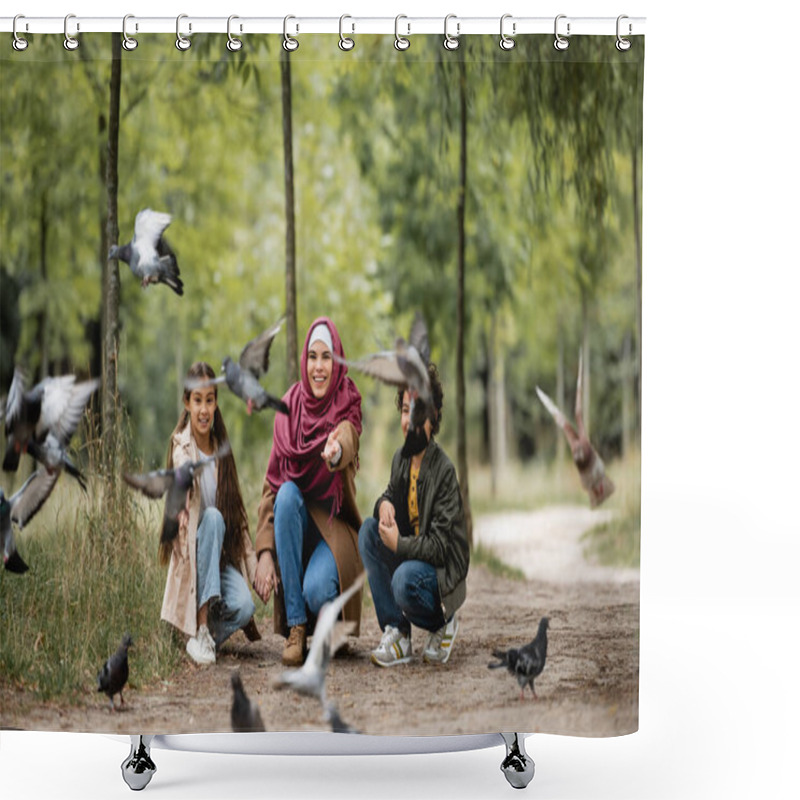 Personality  Happy Arabian Woman Pointing At Burred Birds In Park  Shower Curtains