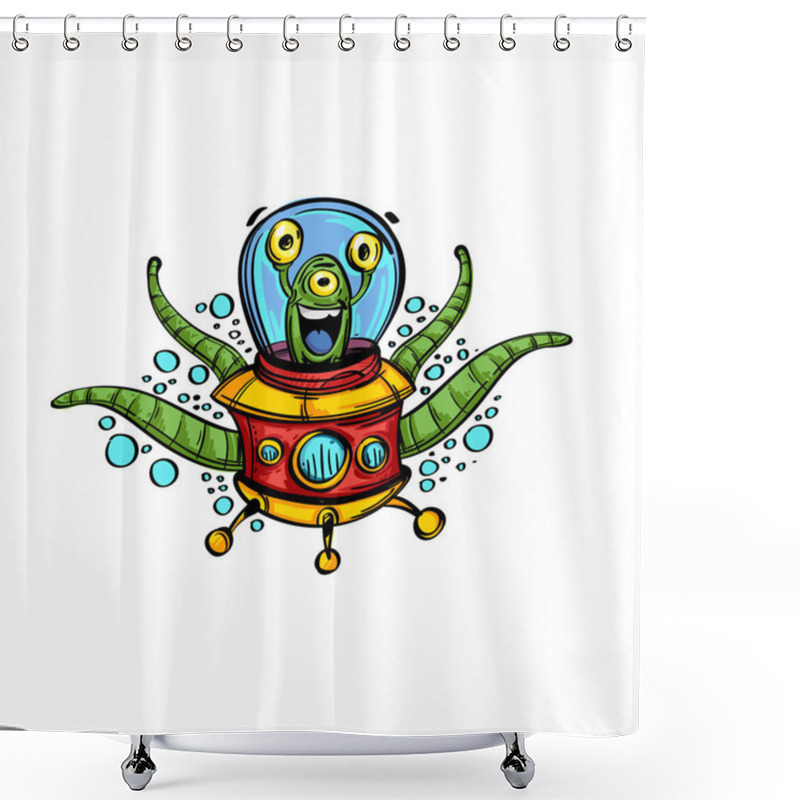 Personality  UFO In Cartoon Style. A Poster On The Theme Of Space And The Universe. Illustration Of The Aliens. Shower Curtains