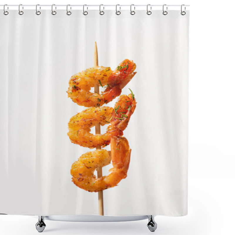 Personality  Close Up View Of Tasty Fried Prawns On Skewer On White Background Shower Curtains