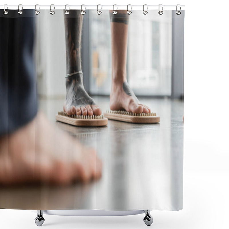 Personality  Cropped View Of Tattooed Man Standing With Bare Feet On Nail Board In Yoga Studio Shower Curtains