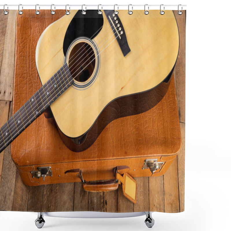 Personality  Classical Guitar And Suitcase On A Dark Wooden Table. Stringed M Shower Curtains