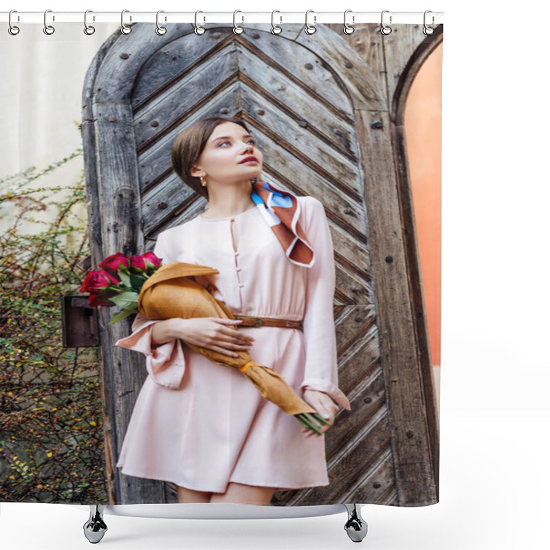 Personality  Pensive Girl Holding Bouquet Of Red Roses While Standing Near Old Wooden Door And Looking Away Shower Curtains