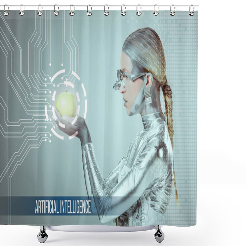 Personality  Side View Of Cyborg Holding And Examining Green Apple With Digital Data Isolated On Grey With 