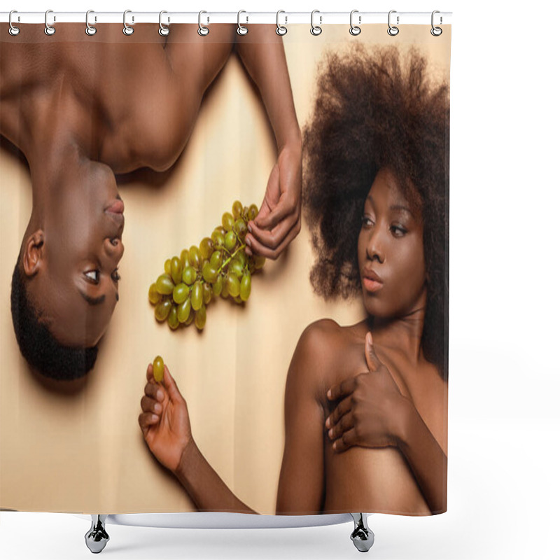 Personality  Overhead View Of Sexy Naked African American Couple Lying With Grape On Beige Shower Curtains