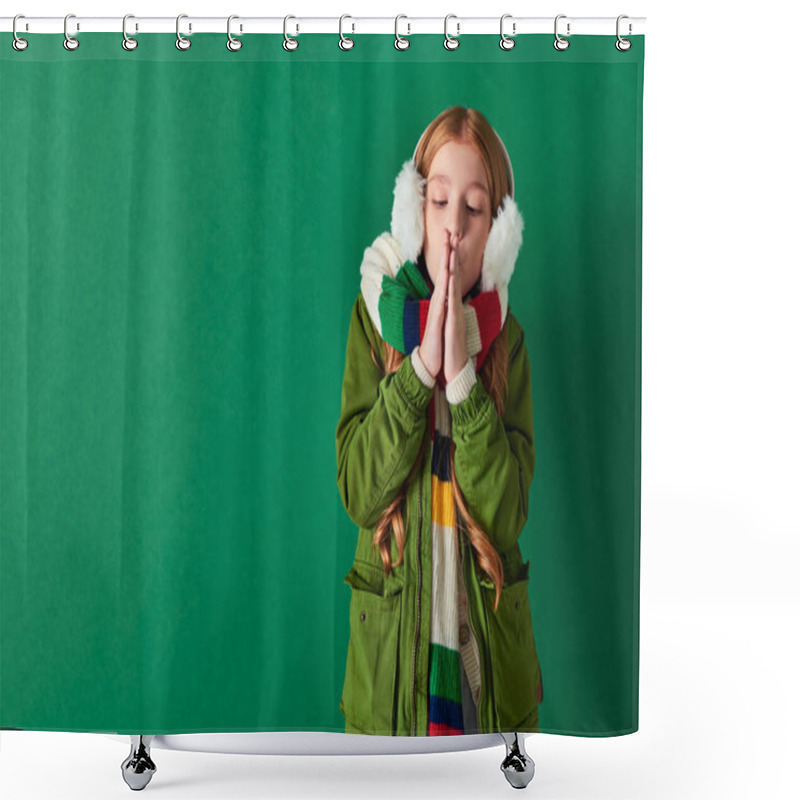 Personality  Preteen Girl In Ear Muffs, Striped Scarf And Winter Outfit Warming Up Hands On Turquoise Backdrop Shower Curtains